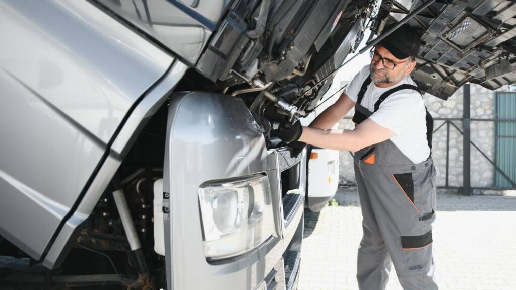 Obrazek przedstawia mechanika pracującego przy samochodzie