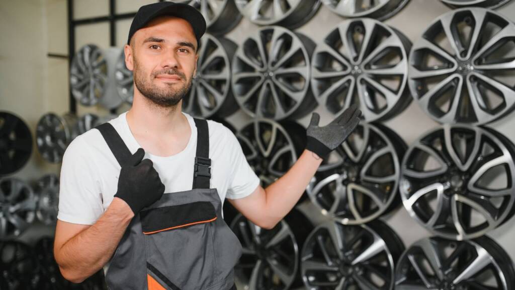 Obrazek przedstawia robotnika i felgi za nim