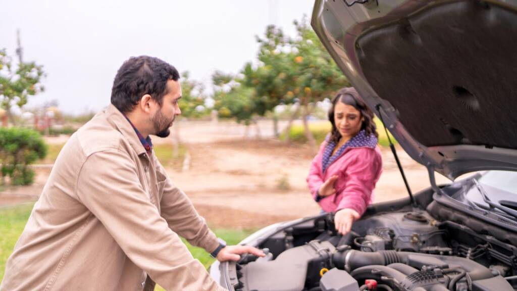 Obrazek przedstawia kobietę i mężczyznę i kobietę, którzy kontrolują samochód