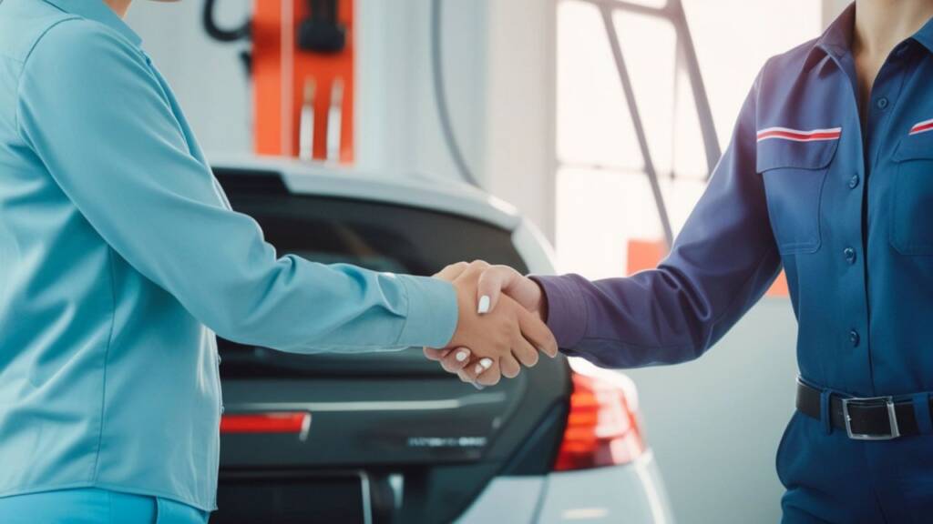 Obrazek przedstawia uścisk dłoni pani mechanik i klientki