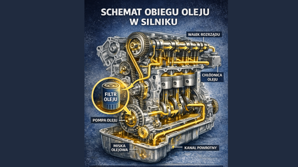 Schemat obiegu oleju w silniku z zaznaczonym filtrem