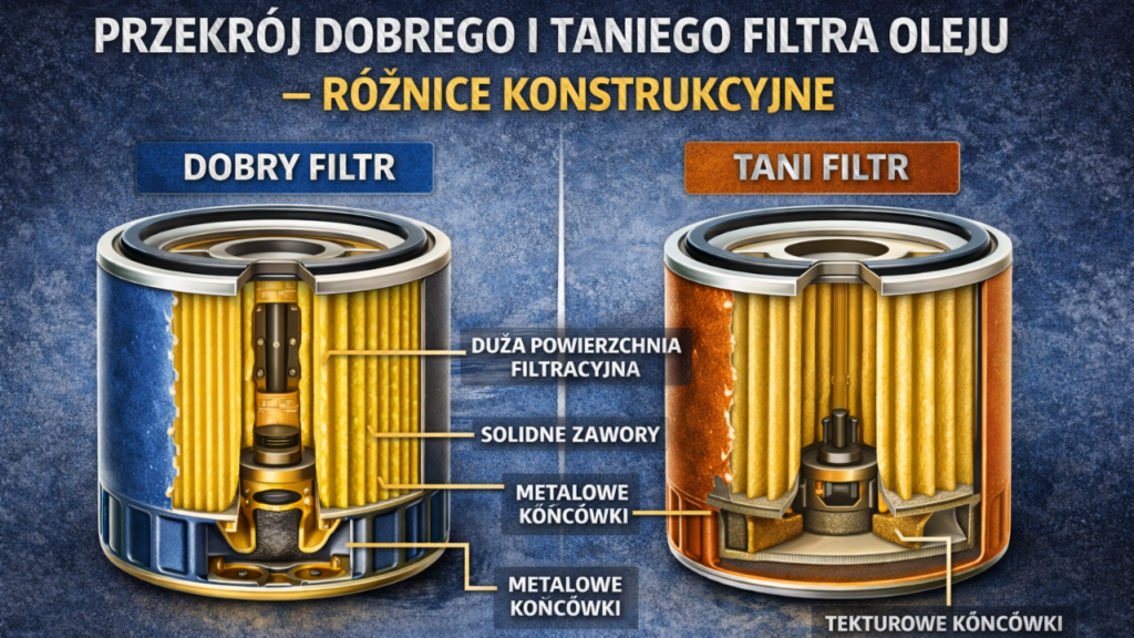 Przekrój dobrego i taniego filtra oleju – różnice konstrukcyjne
