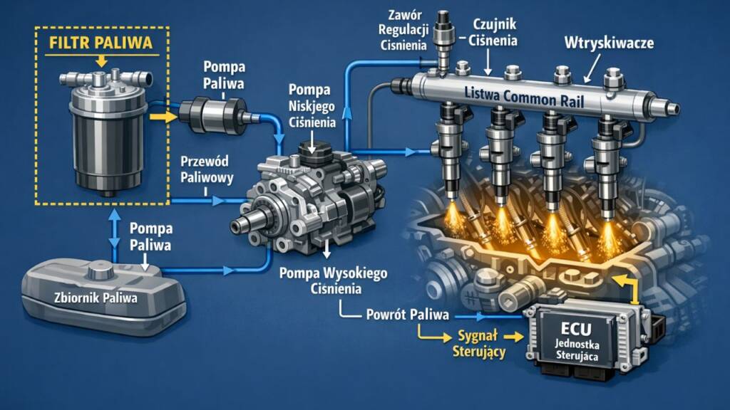 schemat działania układu Common Rail z zaznaczonym filtrem paliwa