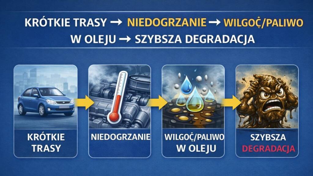 krótkie trasy → niedogrzanie → wilgoć/paliwo w oleju → szybsza degradacja