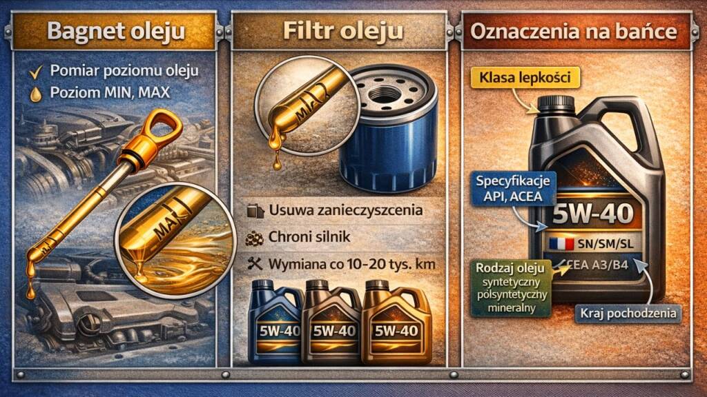  bagnet oleju, filtr oleju, oznaczenia na bańce