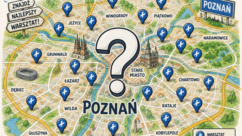 Karykaturalna mapa Poznania z wieloma pinezkami symbolizującymi warsztaty i wielkim znakiem zapytania pośrodku]