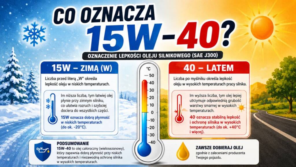 Infografika wyjaśniająca oznaczenia oleju 15W-40 z termometrem pokazującym zimę i lato