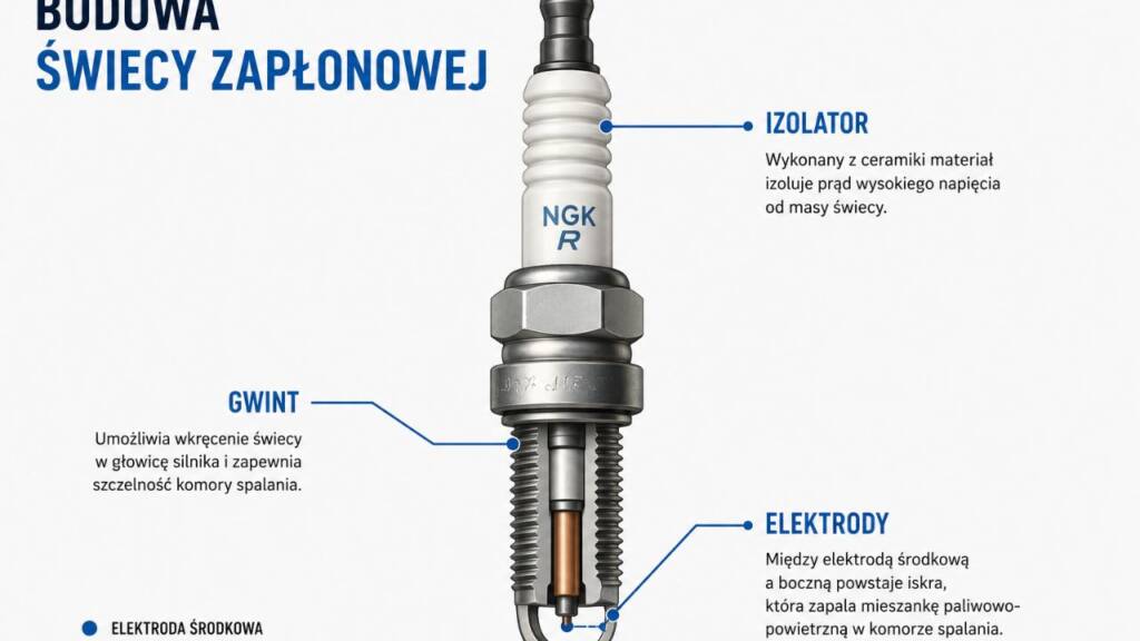 Schemat budowy świecy zapłonowej z prostymi opisami: izolator, elektrody, gwint
