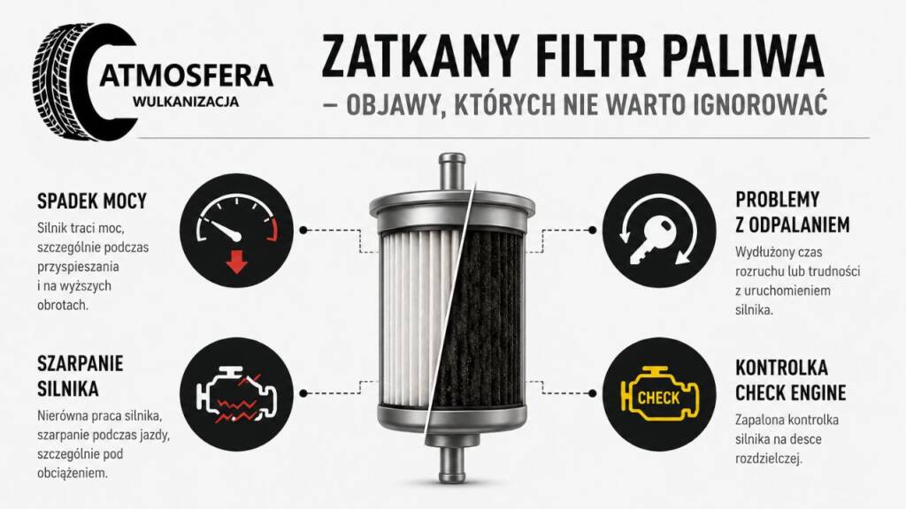  Infografika pokazująca główne objawy zatkanego filtra paliwa – ikonki symbolizujące spadek mocy, problemy z odpalaniem, szarpanie, kontrolkę check engine